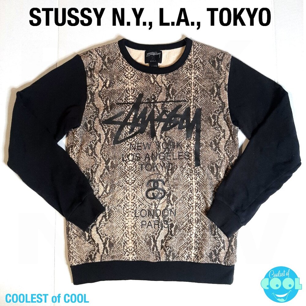 rare STUSSY logo spellout World Tour NY LA Tokyo Paris snake skin sz Small NICE